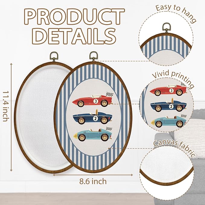 WULQYING Race Car Boy Nursery Wall Art Decor, Boys Room Oval Framed Canvas Art Prints, Vintage Race Car Blue Striped Wall Hanging Decor for Kids Nursery Room Bedroom Playroom, 8.6x11.4 Inches