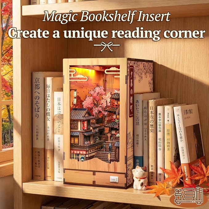 Japanese Book Nook Kit - 3D Wood Puzzles for Adults (Twilight Sakura Path) | DIY Miniature House Kit Bookshelf Diorama Creative Gift for Women