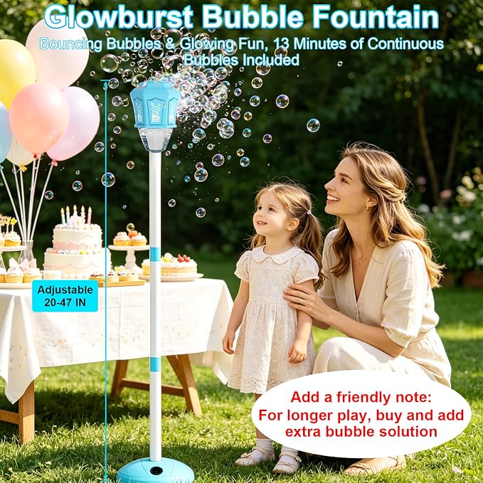 Bubble Machine for Kids, Bubble Torch, Rechargeable Automatic Bubble Machine with Lights Music, 3-Level (20 to 47 in) Adjustable Height Standing Bubble Blower for Outdoor Party Wedding Garden