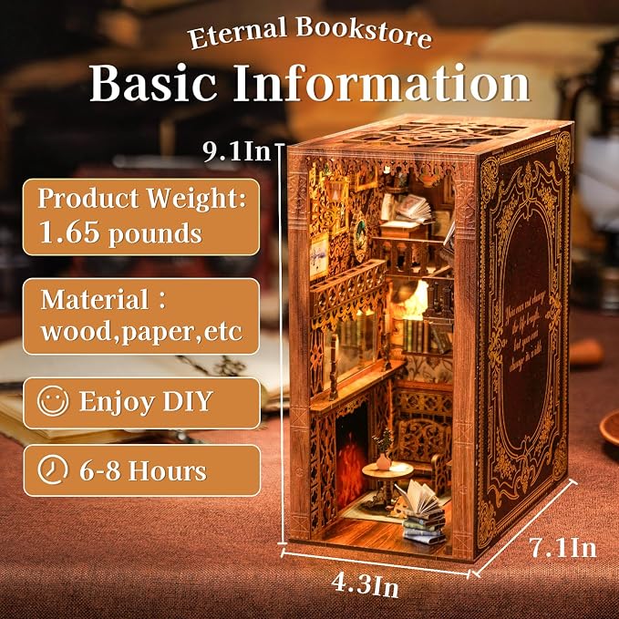 Cutefun Book Nook Kit Library, DIY Miniature Booknook Kit for Adults, 3D Wooden Puzzle Bookend Bookshelf Decor with LED Light & Dust Cover Christmas Crafts Gifts for Book Lovers (Eternal Bookstore)