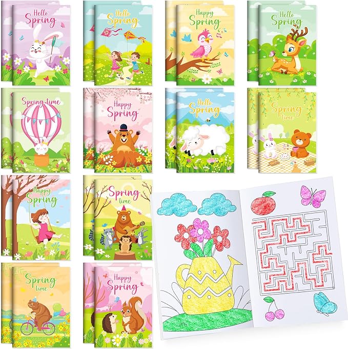 BenLouis 24 Pcs Spring Mini Coloring Books Kids Easter Party Favors Small Activity Books Bulk for Kids Spring Butterfly Flower Bee Birthday Goodie Bags Stuffers Return Gifts Classroom Travel