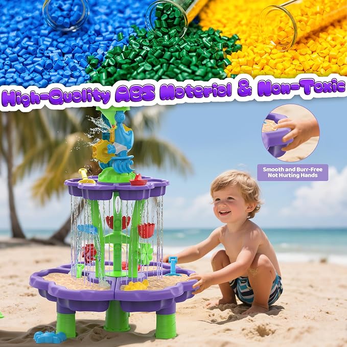 Kids Flower Water Sand Table for Toddlers - 2-Tier Outdoor Water Sand Play Table Toys for Boys Girls, Summer Splash Activity Sensory Table Party Birthday Gift for Kids 3-5 6-12(Purple)