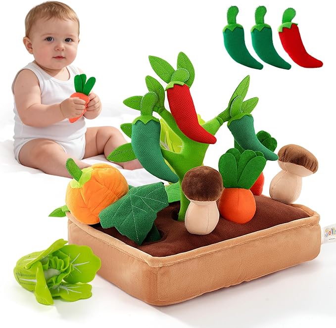 Jollybaby Baby Toys 6-12 Months - Vegetables Garden Plant Plush 11PCS - 6 Month Old Toys Montessori Sensory Toy Mushroom Carrot Boy Girl Gifts Toddler Easter Basket Stuffers