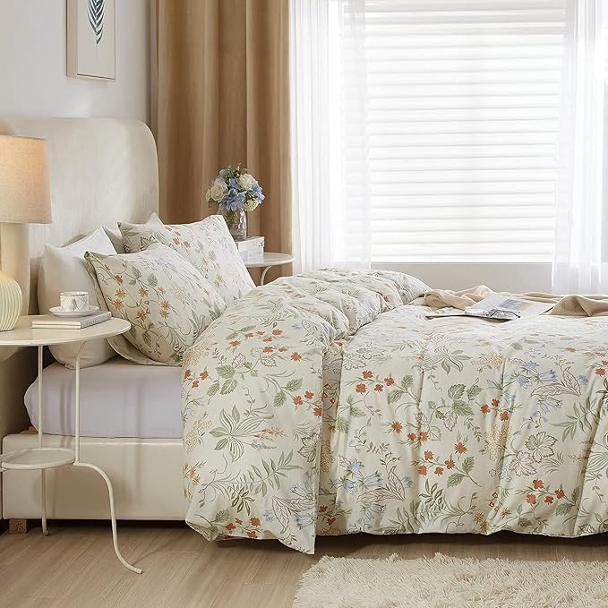 Vintage Floral Comforter Set Full Garden Style Flower Leaves Botanical Bedding Comforter with 2 Pillowcases Fluffy Soft Girls Cottagecore Bedding Set Aesthetic Flower Comforter Set for All Season