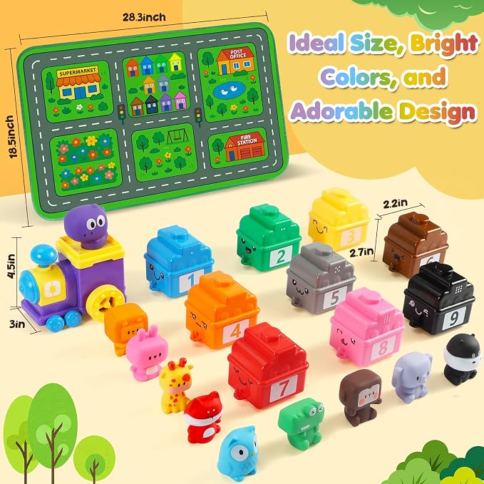 URMYWO Learning Toys for 1 2 3 Years Old Boy Girl, Toddler Montessori Toys, Train Set with 10 Finger Puppets & Play Mat, Counting Matching & Sorting, Toddler Birthday Gift