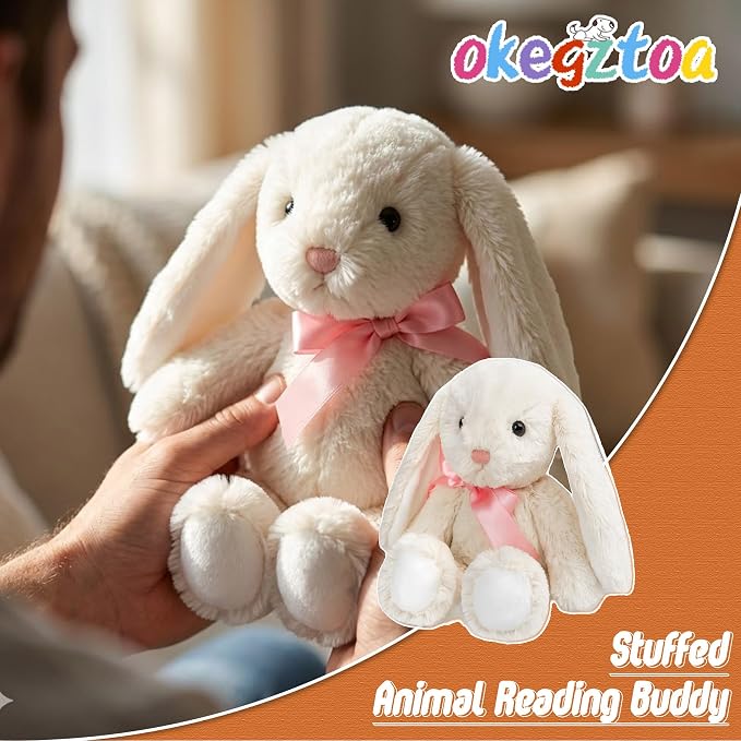 Cream Rabbit Plush Toy Pink Ribbon Bow Floppy Ears Stuffed Animal Easter Basket Stuffers Gifts for Baby Shower Newborn Infant Valentines Day Girlfriend Wife Wedding Love Beige 8 Inch 6.7 oz