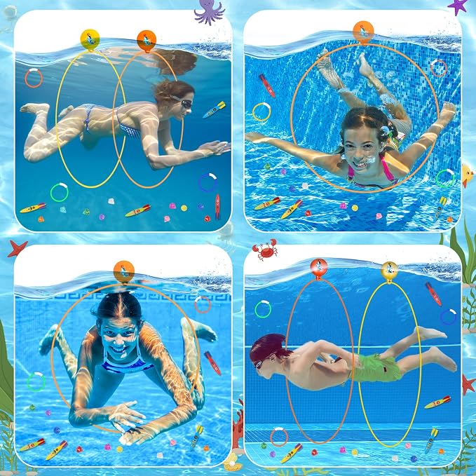 Cludoo 23PCS Pool Toys Games for Kids, No Assembly Stability Swim Thru Rings, Pool Diving Toys for 3,4,5,6,7,8,9,10,11,12 Kids Swim Rings for Kid Teens Adults Include Torpedos Diving Gems