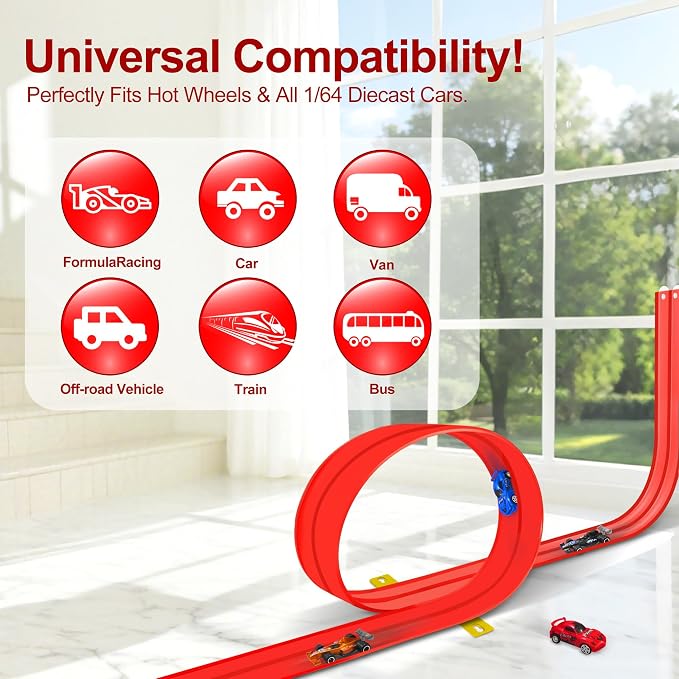 Flexible Race Track for Kids Starter Set - 20FT Flex Race Car Ramp Track, Rolls Up Portable DIY Racetrack Compatible with Hot Wheels & Diecast 1/64th Cars