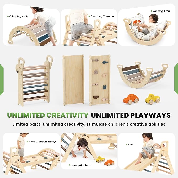 BlueWood Pikler Triangle Set with Cushion - Climbing Toys for Toddlers 9-in-1, Montessori Philosophy Play Jungle Gym with Arch, Ramp, Ladder (Pink)