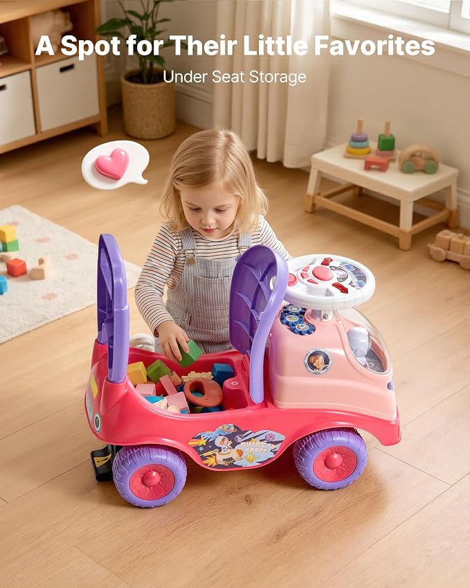 VEVOR Ride On Toddler Push Car, Push Car for Toddler 19 to 36 Months, Kids Ride On Toy with Horn & Music, 48.5 lbs Load Capacity, Under-seat Storage, Foot-to-Floor Walker for Toddlers Boys Girls, Pink