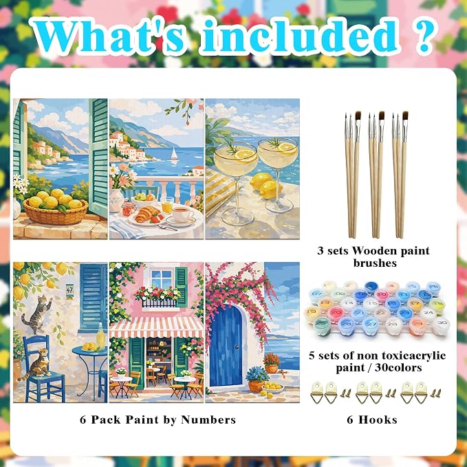 FLUXOJOY 6 Pack Painting by Number Kits for Adult, DIY Canvas Color Painting Kit for Kids or Beginner with Paint Brushes Acrylic Pigment Drawing Paintwork 20x30cm Without Frame (Mediterranean-6 Pack)