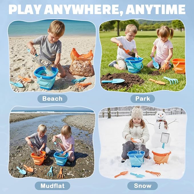 Dreamon Beach Toys, 2 Packs Travel Sand Toys for Kids Ages 4-8 | 10 PCS Sandcastle Building Kit with Collapsible Bucket, Mesh Bag, Sand Sifter, Shovel & Rake, Beach Essentials for Kids