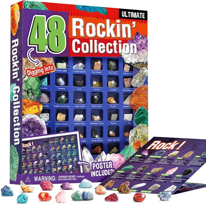 Gamerside Rocks for Kids - 48 Real Rocks, Gemstones & Crystals Collection – Educational Science Kit, Great Rock Collections STEM Gift for Boys & Girls Ages 6-12