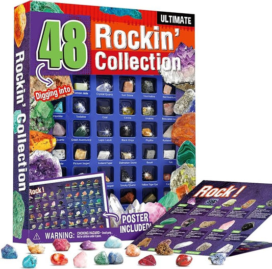 Gamerside Rocks for Kids - 48 Real Rocks, Gemstones & Crystals Collection – Educational Science Kit, Great Rock Collections STEM Gift for Boys & Girls Ages 6-12