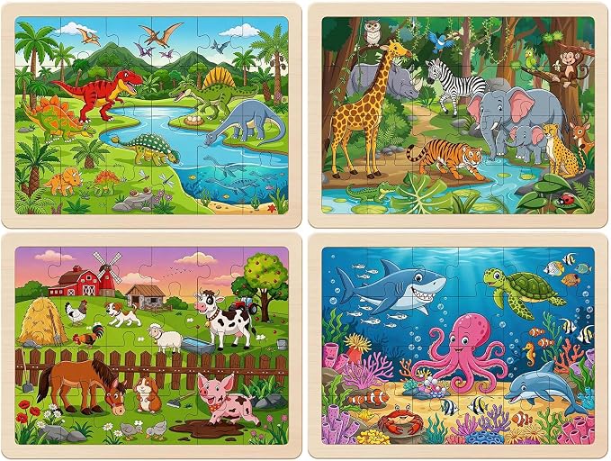 Wooden Puzzles for Kids Ages 4-6, Set of 4 Packs with 24 Piece Wooden Jigsaw Puzzles Preschool Educational Learning Toys Gifts for 3 4 5 6 Boys Girls