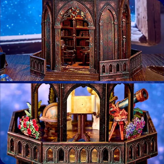 DIY Miniature House Kit,Steampunk Observatory for Adults to Build, Birthday/Christmas Day Gift for Family and Friends, 3D Wooden Dollhouse with LED Lights,Observatory
