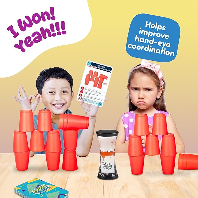 Gamie Stacking Cups Game for Kids - Set Includes 24 Cups, 18 Fun Challenging Cards, and Water Timer - Family Games for Kids and Adults, Indoor Recess Game for Classroom, Gifts for Boys and Girls