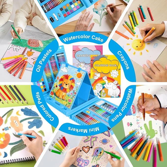 GOTIDEAL Kids Art Set,Art Supplies for Kids,210 PCS Art Kit with Double Sided Trifold Easel,Coloring Book, Crayons, Markers, Watercolor Pens, Arts & Crafts,Gift for 4-12 Year Old (Blue)