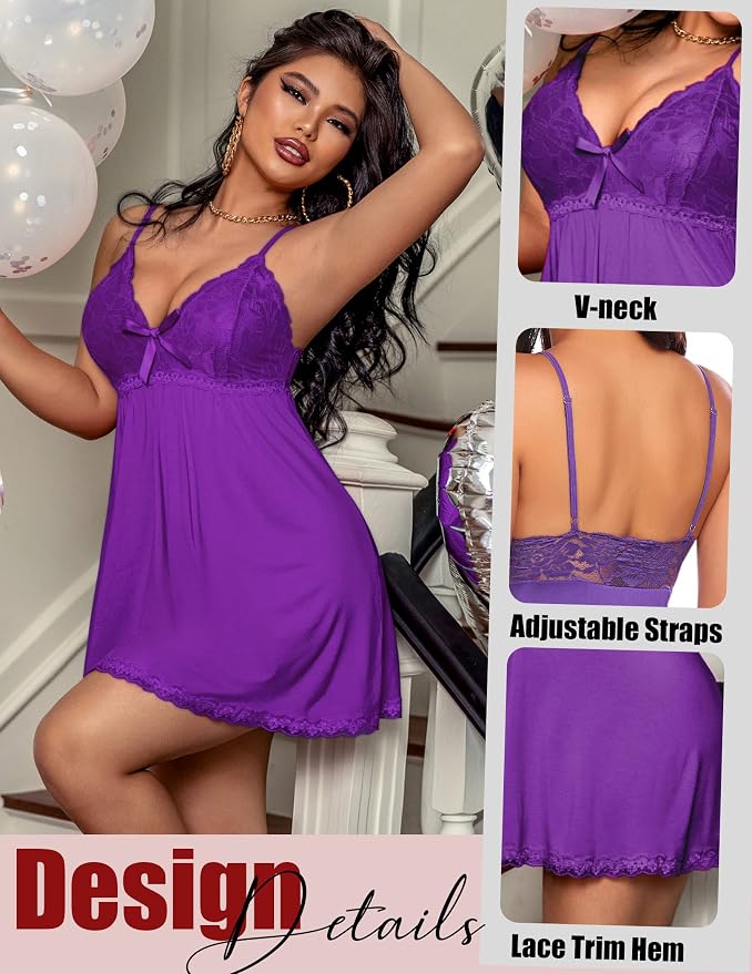 Avidlove Women Nightgown Sexy Sleepwear Lace Chemise V-neck Modal Babydoll Lounge Dress