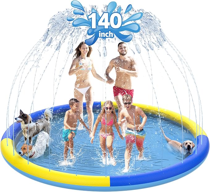CACSPS 140" Non-Slip Splash Pad for Kids and Dog, Thicken Sprinkler Pool Summer Outdoor Water Toys, Extra Large Backyard Wading Pool for Children Boys & Girls or Pet Dog (Blue&Yellow)