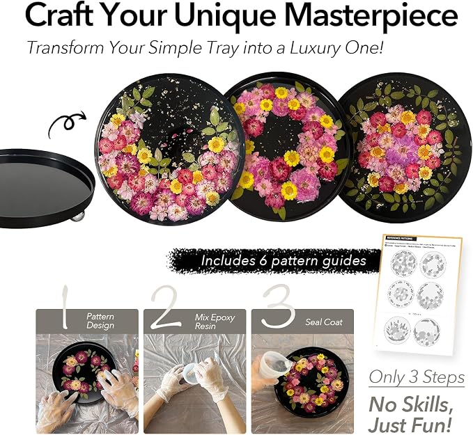 Auraeve All-in-One Resin Tray Craft Kit for Adults, Black-Basic, 9.8" | 55Pcs Real Flowers, 10OZ Epoxy Resin, Metal Tray, Gift for Craft Lovers, Trinket Organizer, Décor