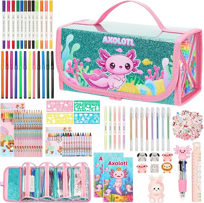 Defresit 129 PCS Washable Markers Set- Axolotl Gifts for Girls, Art Supplies for Kids with Glitter Pencil Case, Coloring Kits for Kids, Ideal Gifts for Birthday Christmas Back to School