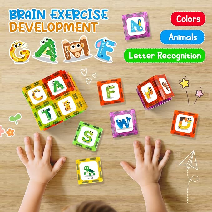 Magnetic Tiles Letters Learning Toys, Animals Alphabet ABC Magnets for Kids 1-3 2-4 3-5, Toddlers Classroom Must Haves Construction Stacking Toys, Teacher Educational Supplies for Preschool Spelling