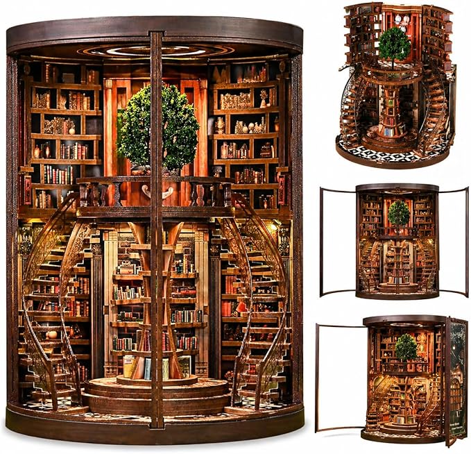 DIY Book Nook Kit for Adults, 3D Wooden Puzzle Tree of Wisdom Miniature Library Kit with Transparent Door & LED, Aesthetic Bookshelf Decor Building Gift for Men Friends (356 PCS