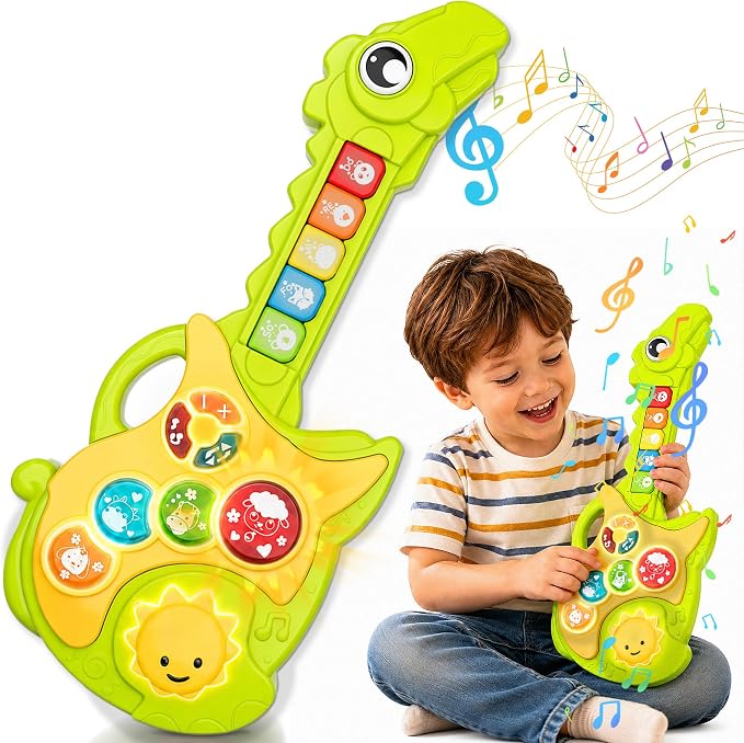Toys for 1-3Year Old Boy Gift,2-in-1 Electric Guitars,12-18 Month with Animal Sound and Light Dinosaur Musical Guitar Piano Toys,Learning Educational Gift for Toddlers
