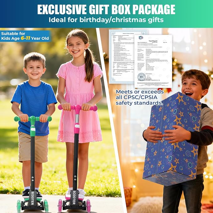 3 Wheel Scooter for Kids Ages 3-12, LED Light-Up Kids Kick Scooter–Portable Foldable, Adjustable Height, Durable Metal Construction, 6" Extra Wide Deck for Outdoor Activities,Child Safety Certified