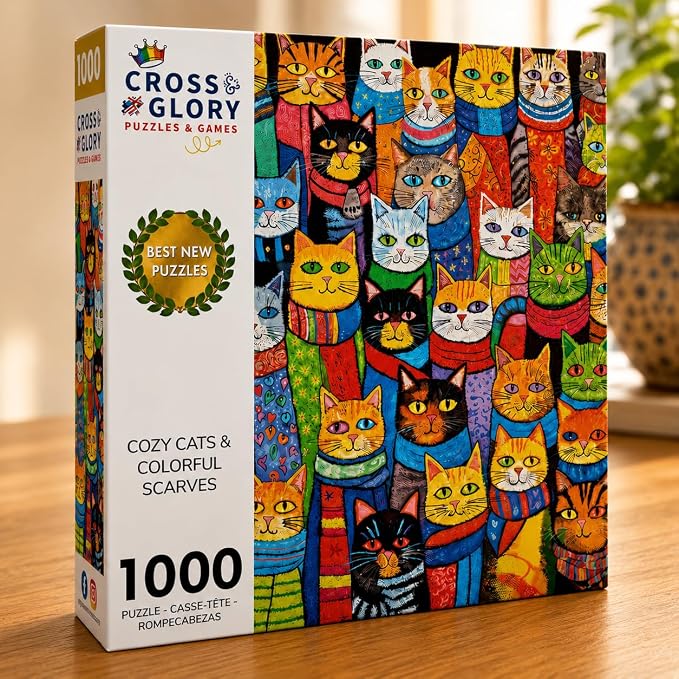 Cross & Glory 1000 Piece Jigsaw Puzzles for Adults — Cozy Cats & Colorful Scarves │ Whimsical Cat Puzzle │ Satin Finish │ Ages 14+