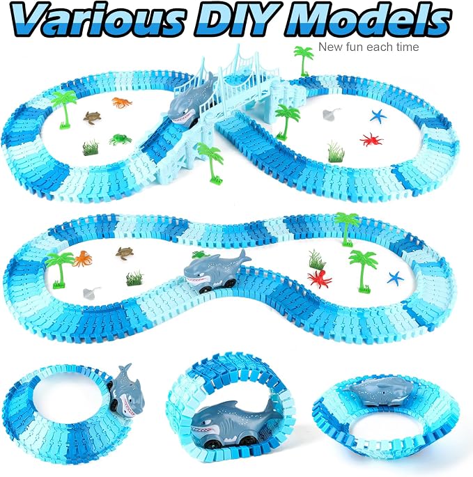 Coroiesty 264 PCS Shark Race Tracks for Kids Toys, Glow in The Dark Magic Toy Set, 2 Shark Cars Track, Flexible DIY Track Set, Birthday Gift for Age 3-9 Boys Toddler Girls