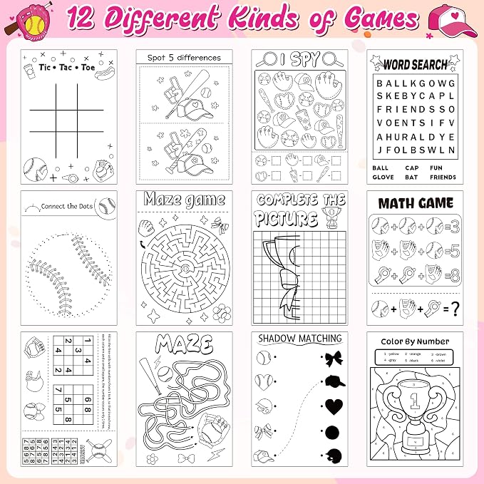 Softball Activity Books for Kids - 48Pcs Softball Mini Games Coloring Book Set Bulk Mazes Word Search Word Scramble Games DIY Booklet for Birthday Sports Party Goodie Bags Stuffers Classroom Supplies