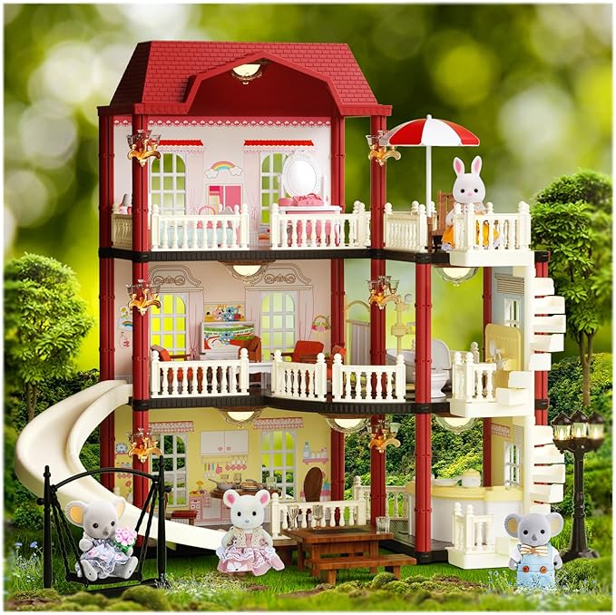 Dollhouse Kit Playset Little Critters Bunny Dolls for Girls with Swimming Pool and Slideside Family Toys for Toddler 5 Year+ Old Girl