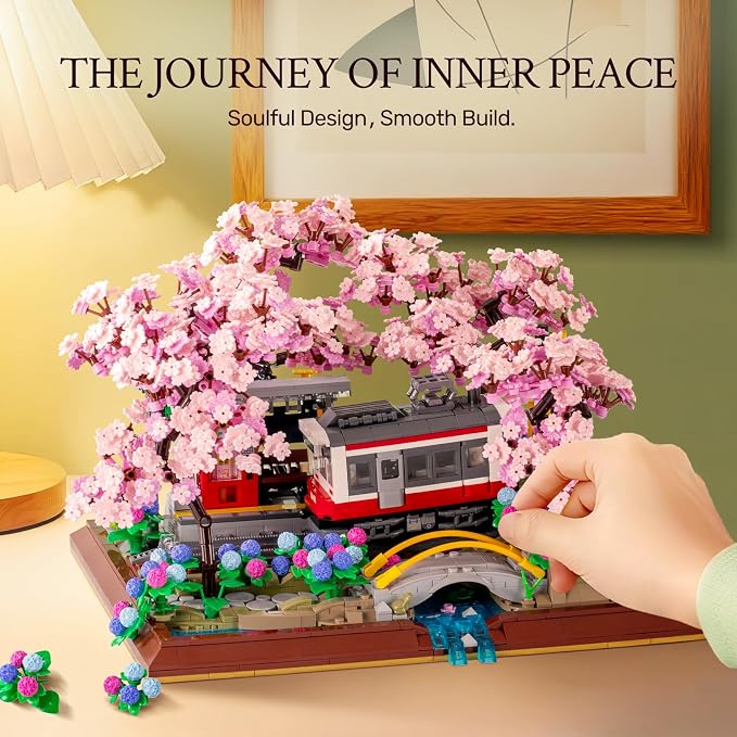Wise Block Cherry Blossom Train Diorama Building Set – Japanese Artificial Bonsai Tree Block Set for Home Office Botanical Decor, 3150 Pcs