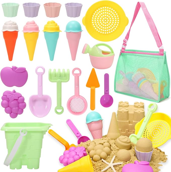 Tagitary Beach Toys for Kids and Mesh Beach Bag with Zipper, Large Beach Tote with 8 Pockets, Sand Toys Storage Pool Bag Beach Accessories for Sports Camping Picnic Travel