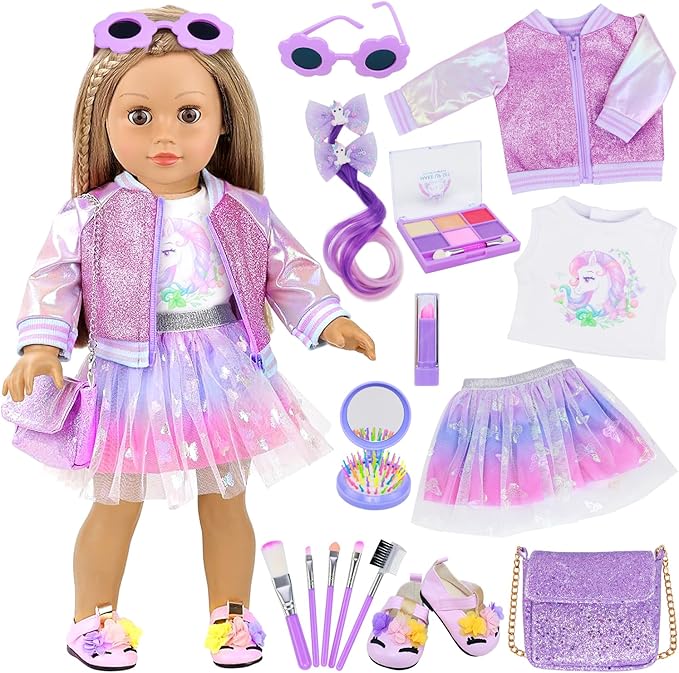 American 18 Inch Doll Clothes & Makeup Accessories Gift Set Includes Dress, Makeup Brush, Shoes, Bag, Haircomb, Eyeshadow, Lipstick, Wig, Hairpin, Sunglasses (Doll Not Included)
