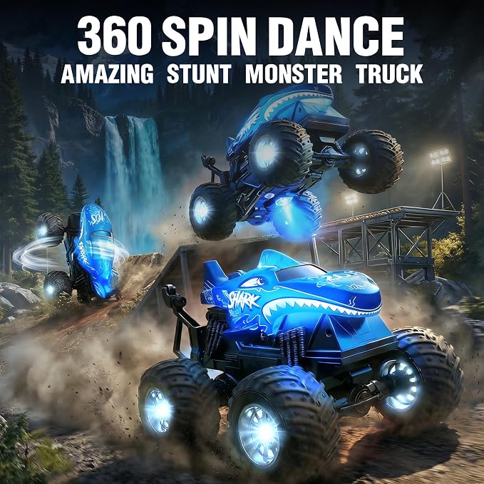 BEZGAR 1:20 Shark Monster Truck Toys, 360°Stunt RC Cars Rotation Monster Trucks with Music, 2 Batteries and Wireless LED Strobe Lights, Remote Control Car for Boys 4 5 6 7 8 9 Years Old(Blue)