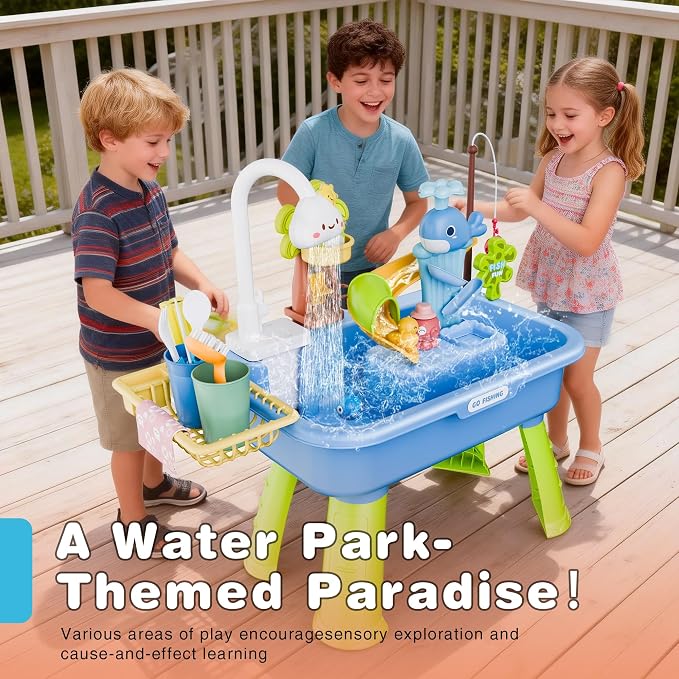 Toddler Water Table for 1-3 Year Old - Upgraded Electric Pump Water Toys, Outdoor Sensory Play Sand & Water Table, Kitchen Sink Toy with Running Water & Fishing Game, Summer Gifts for Boys Girls,Blue