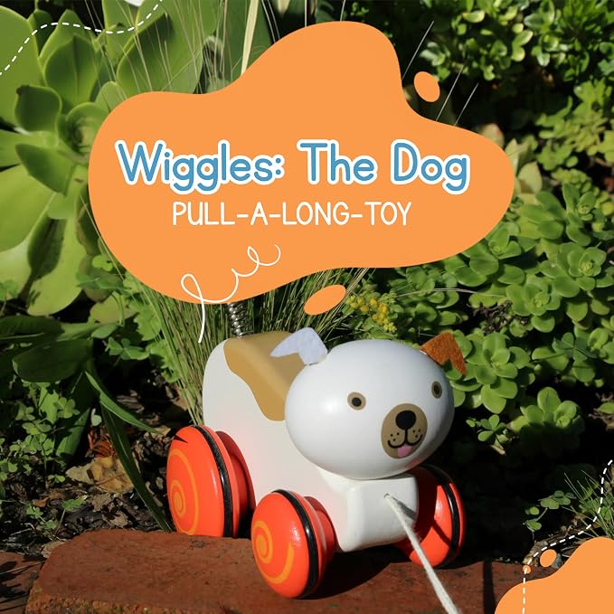 Jack Rabbit Creations- Wiggles The Dog Wooden Pull Toy- Classic Retro Toy for Toddlers- Durable Wooden Construction- Smooth Rolling Wheels- Encourages Imaginative Play-18 Months+