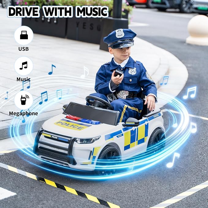 TOBBI Kids Electric Ride On Police Car, Toddlers Battery-Powered Cop Toy to Drive, 27W 4-Wheels Vehicle with Parental Remote Control/Soft Start/3 Speeds/Horn & LED for Children Ages 1-6 Years-White