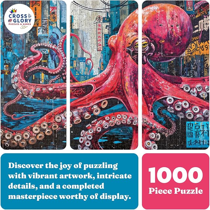 Cross & Glory | 1000 Piece Jigsaw Puzzles for Adults | Octopus City: Neon Overlord │ Cyberpunk Ocean Puzzle for Adults │ Satin Finish Octopus Puzzle 1000 Pieces │ Ages 14+