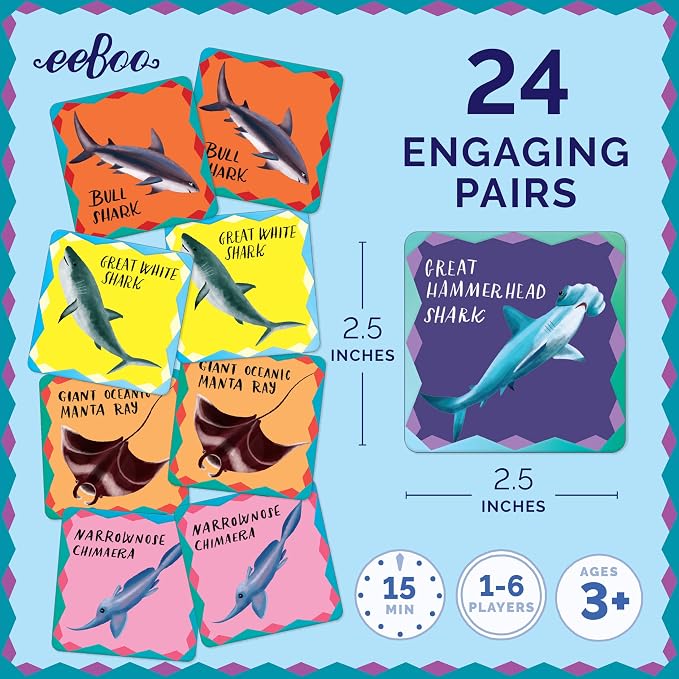 eeBoo: Memory & Matching Game- Shiny Sharks & Friends - 24 Matching Pairs, Educational Preschool Game, Kids Ages 3+, 1-4 Players