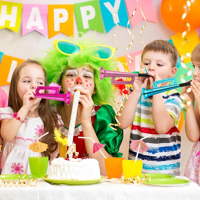 Poen 12 Pcs Toy Trumpet Kids Mini Metallic Trumpet Parties Musical Blow Horn Instruments Plastic Noise Makers for Kids Events Party Favors Music Class Stage Props 7 Inch Easter Day(Colorful)