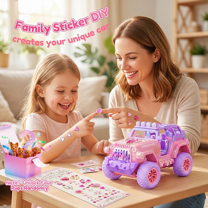 Remote Control Car for Girls with Spray and Sound, 2.4GHz All-Terrain Sparkling Pink RC Cars,Doll and Pet,Windmill,DIY Stickers,Rechargeable Battery,Toys Cars Birthday Gift for Girls Age 6-12