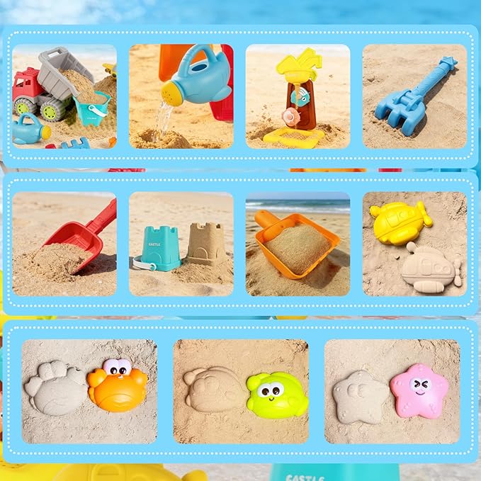 IOKUKI Sand Toys with Extra Large Mesh Bag Including Dump Truck, Sand Water Wheel, Beach Buckets, Shovels, Rakes, Molds, Outdoor Beach Toys Tool Kit for Kids, Toddlers, Boys and Girls (12 PCS) Age 3+