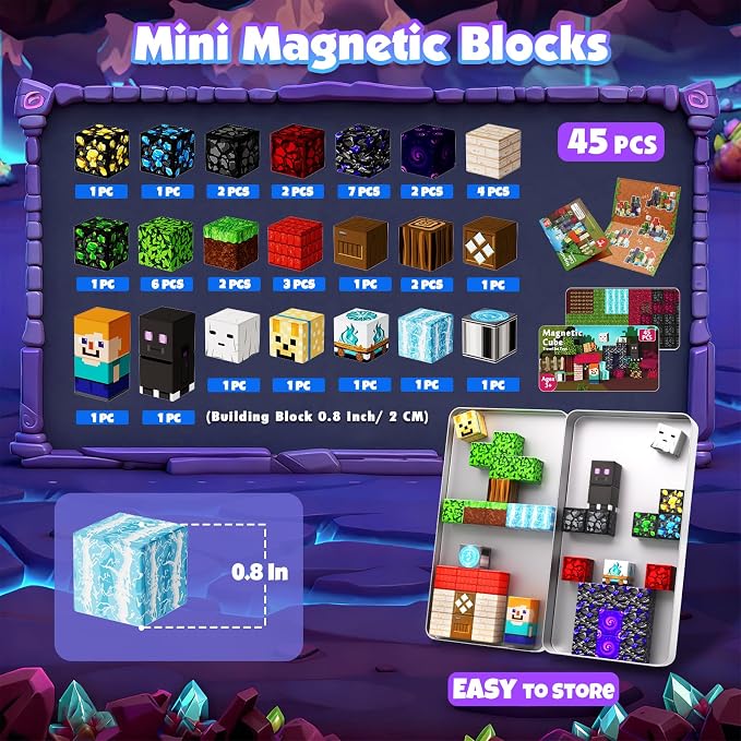 45 PCS 0.8in Mini Magnetic Blocks - Travel Magnet Toys for Kids with Portable Metal Box, Stacking Magnets, for Boys and Girls Age 3+ Years Old (Theme: Portal)
