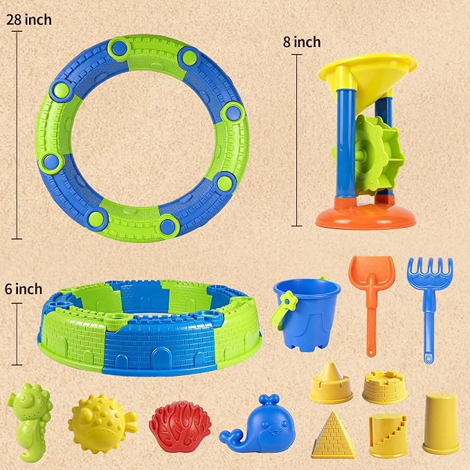 LUCKFUTURE 25 PCS Toddler Sand Toys for Ages 18+ Months - Sandbox Toys Set with Bucket, Shovels, Molds & Funnel, Easy Assemble No Tools Needed, Indoor Outdoor Beach Toys for Boys Girls