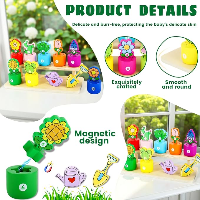 Scuwtocn Wooden Flower Garden Playset with Stand - Color & Shape Sorter | Fine Motor Skills & Number Cognition, Montessori Learning Toy for Toddlers, for 2 3 Year Old Boys and Girls