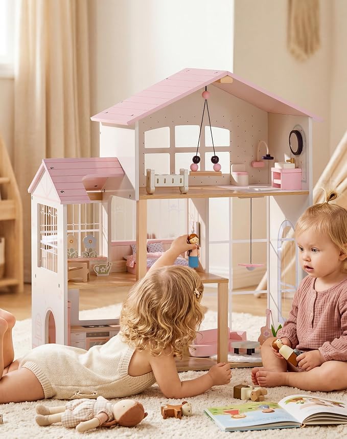 ROBUD Wooden Doll House for Girls，Dollhouse Kit with 6 Rooms & 37 Pcs Dollhouse Furnitrue Accessories, Pink Montessori Doll House for 3+, WDH22